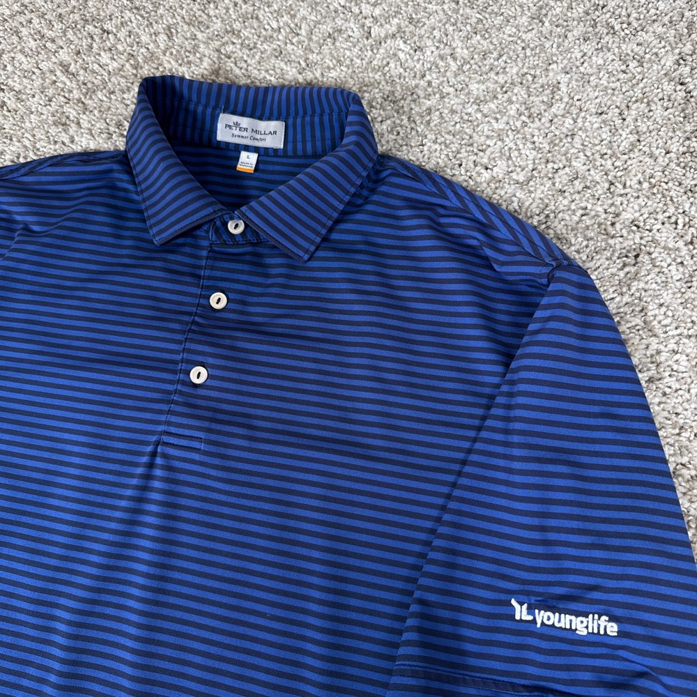 Peter Millar Polo Shirt Mens Large Blue Striped Summer Comfort Golf Performance
